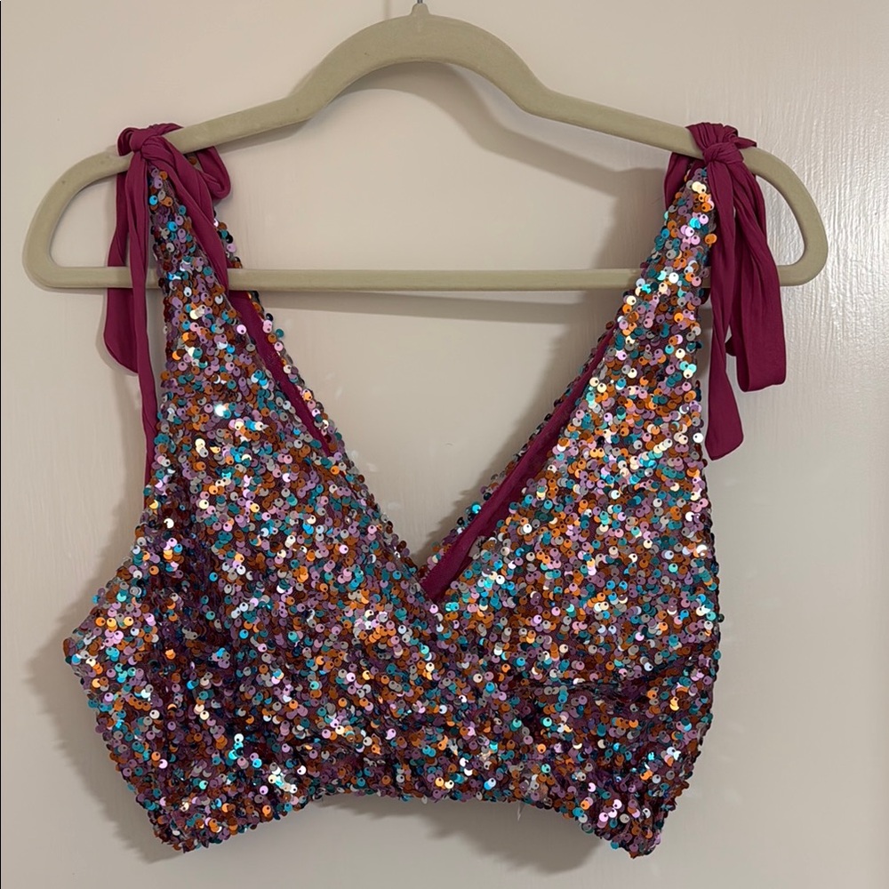 Free People Pink Sequin Mesh Top